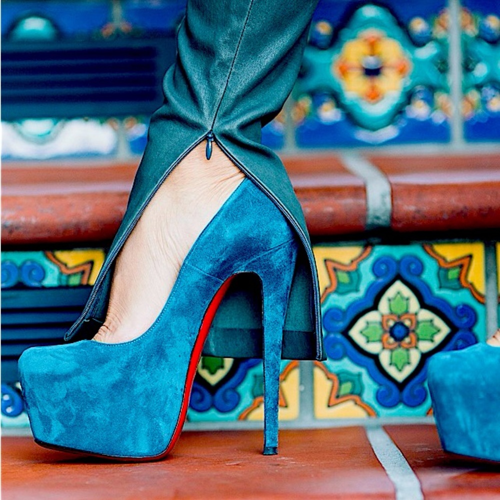Christian Louboutin Suede Leather Peacock Teal Blue Daffodile Platform Heels
